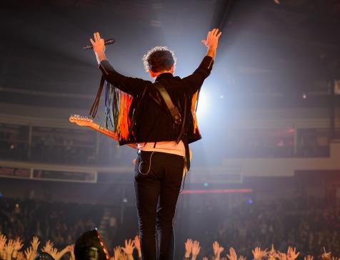 Arkells frontman Max Kerman waves to the crowd at Scotiabank Centre. Photo: James Bennett