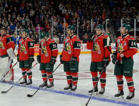 The Halifax Mooseheads lineup for the National anthem ahead of their game at the 2019 Memorial Cup Championship game. Photo: James Bennett